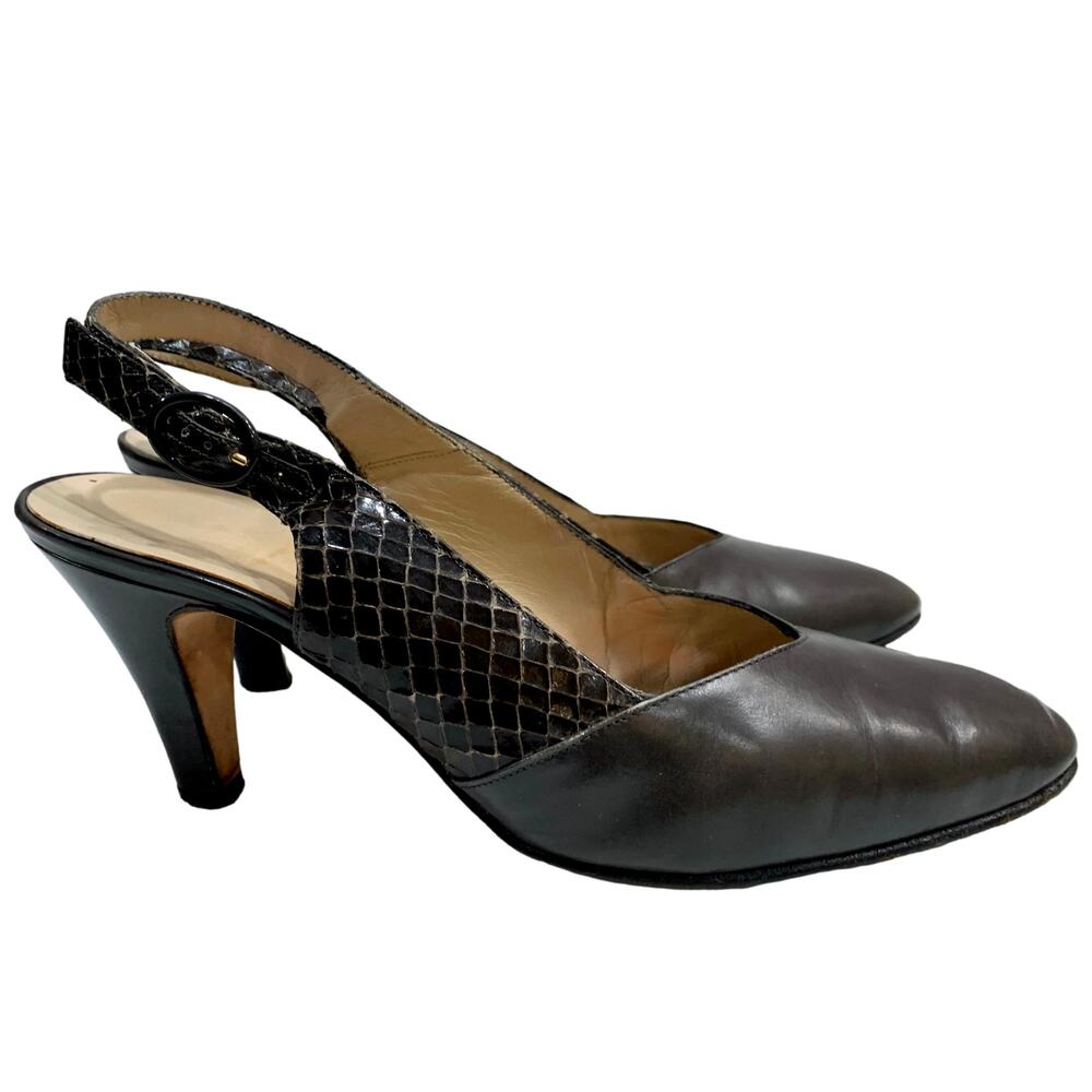 Vintage Ferragamo Dark Gray Leather & Snake Sling Backs | 6